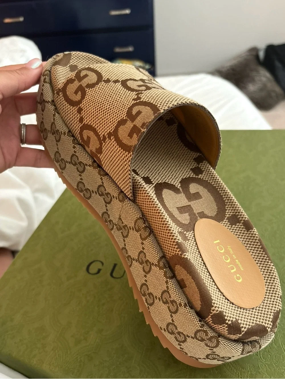 Gucci Brown Beige GG Canvas Platform Slide Sandals